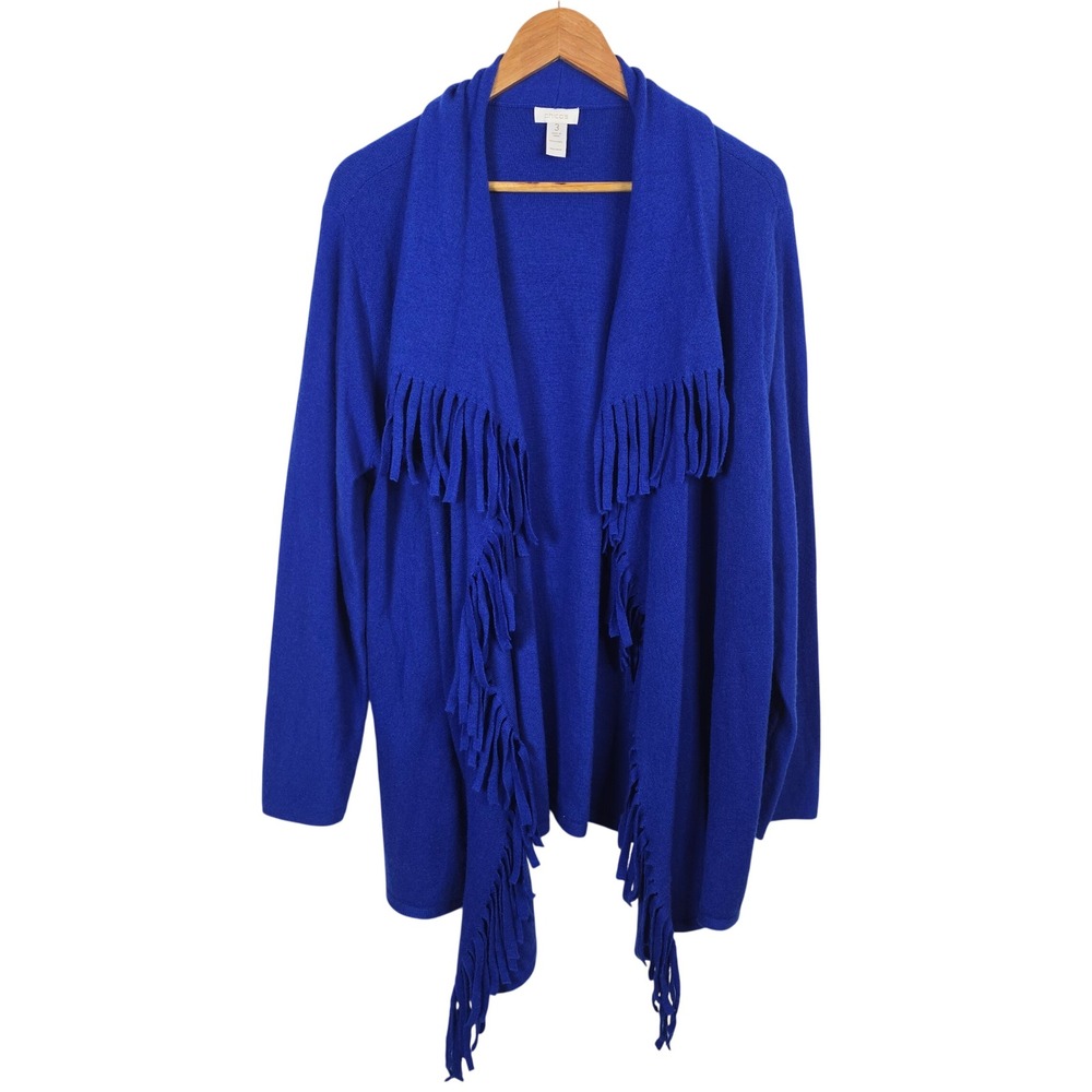 Chico's Royal Blue 100% Wool Fringe Open Front Cardigan Sweater Size 3 XL